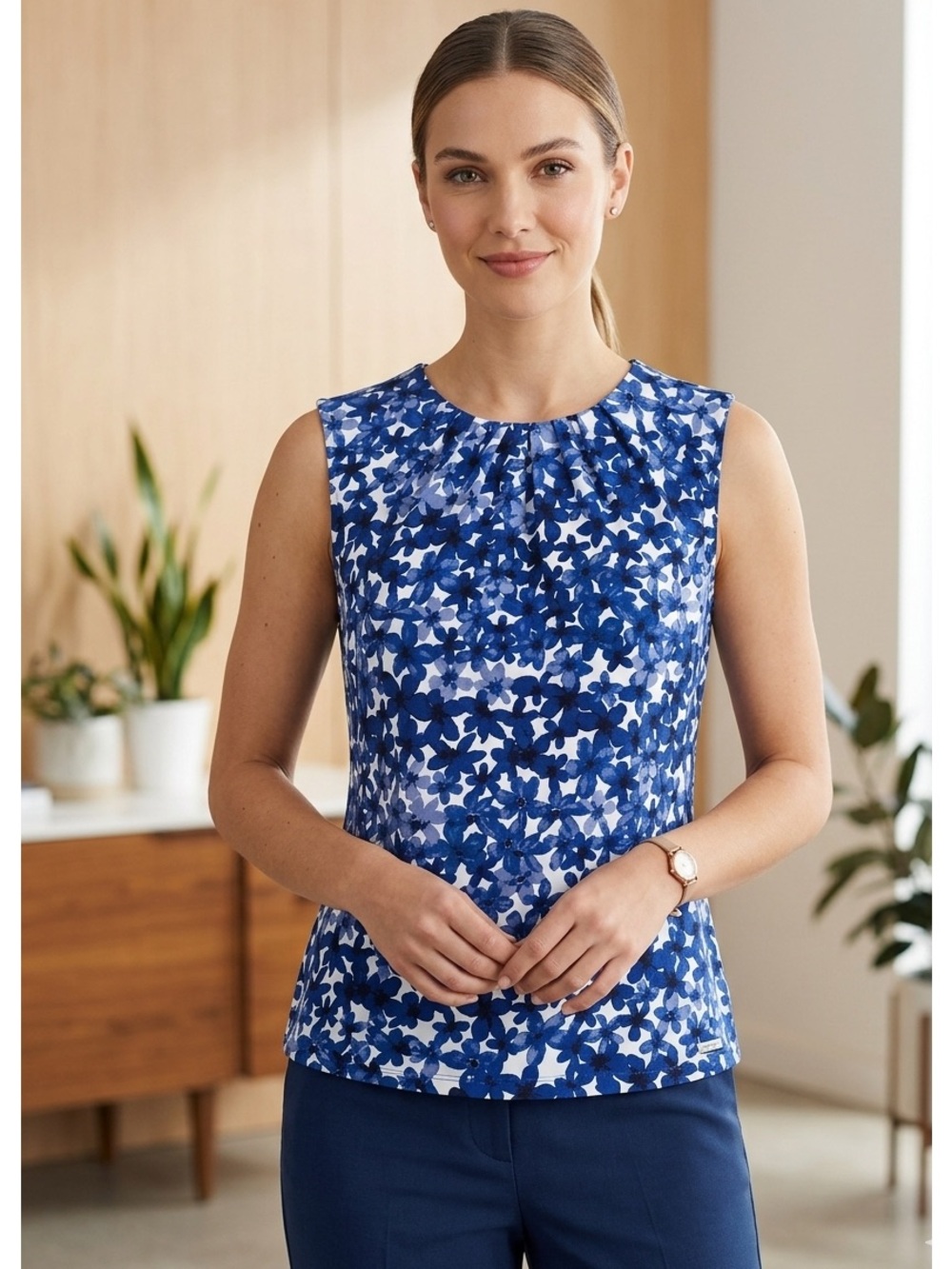 Calvin Klein Floral Sleeveless Top Pleat Neck Blue and White Size L Office Siren